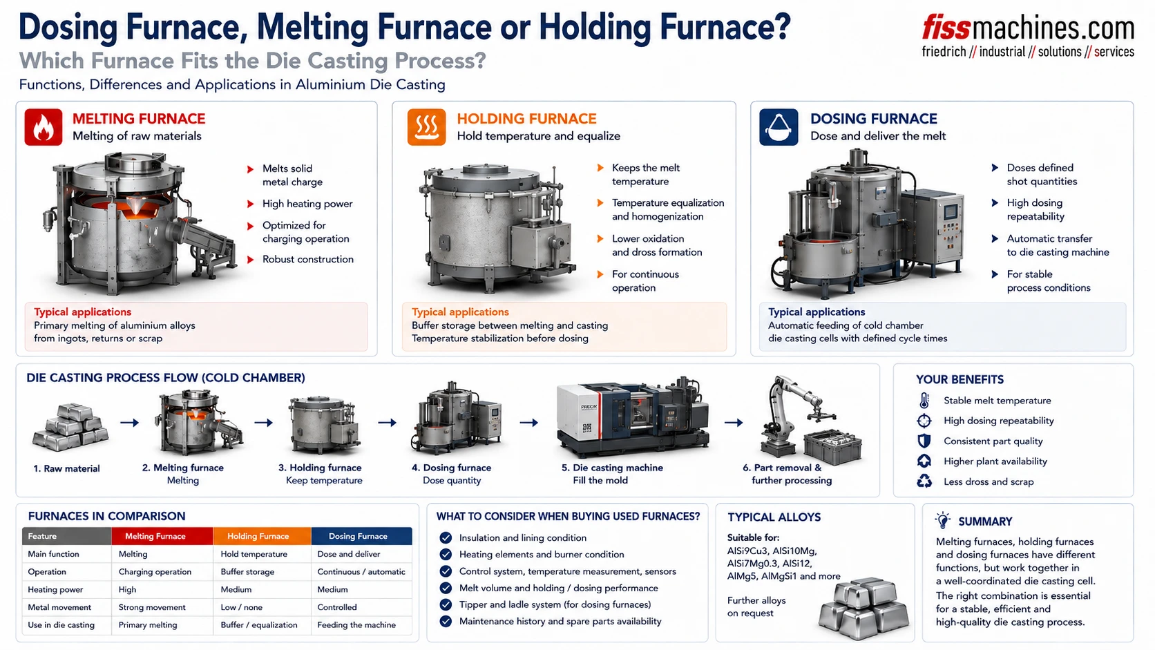 Infographic comparing melting, holding and dosing furnaces in aluminium die casting, including process flow, applications and furnace selection criteria